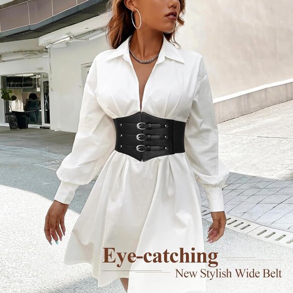 Women Corset Wide Stretch Waspie Elastic Waist Belt with Black Buckle Silver - Picture 5 of 6